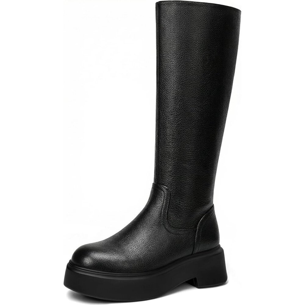 Women's Black Knee Leather Platform Chelsea Boots Front Zip Chunky Combat Bootie